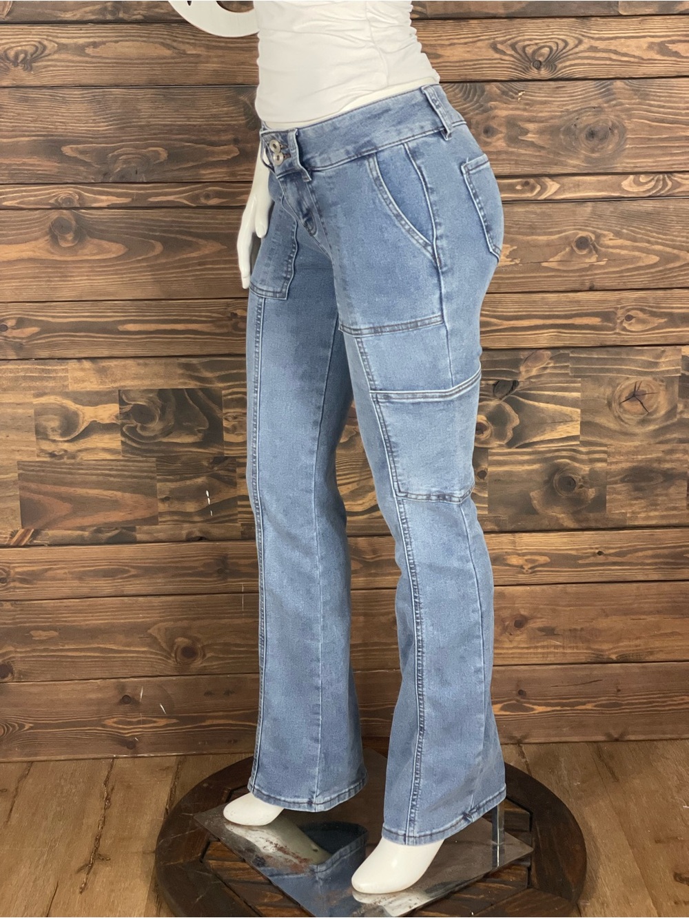 Re Generation Y2K Medium Wash Blue Cargo Style Utility Denim Jean Flare Bootcut